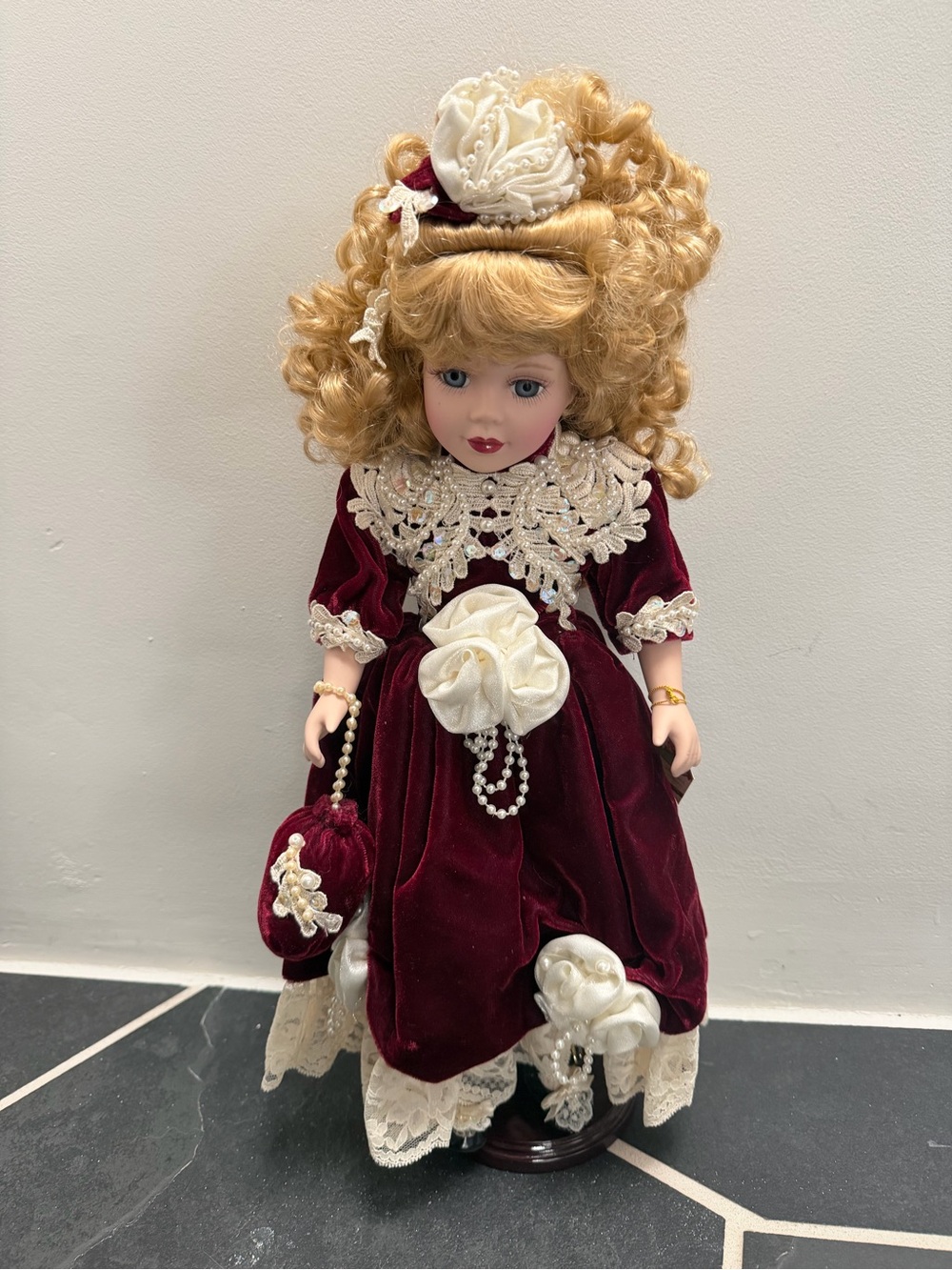 Classic Burgundy Velvet Porcelain Doll with Ivory Lace Accents